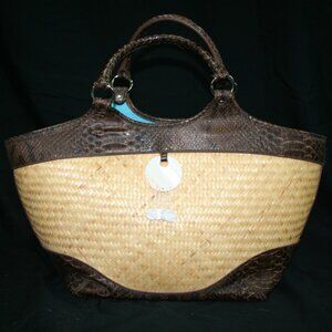 Coldwater Creek Tan Woven Tote with brown crocodile print trim